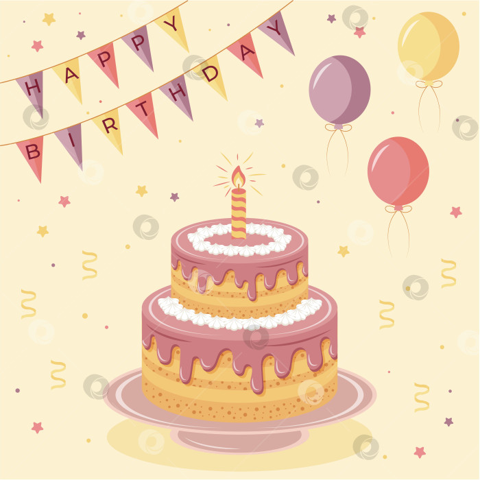 Скачать С Днем рождения, поздравительная открытка и приглашение на вечеринку с тортом, флагами и воздушными шарами в стиле рисованной. фотосток Ozero