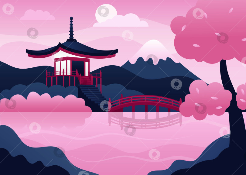 Скачать Японский пейзаж. Пейзаж с горы Фудзи, японская пагода, озеро и мост. фотосток Ozero