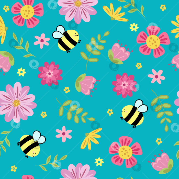 Скачать Бесшовный узор с красивыми цветами, листьями и пчелами. Милый весенний узор фотосток Ozero