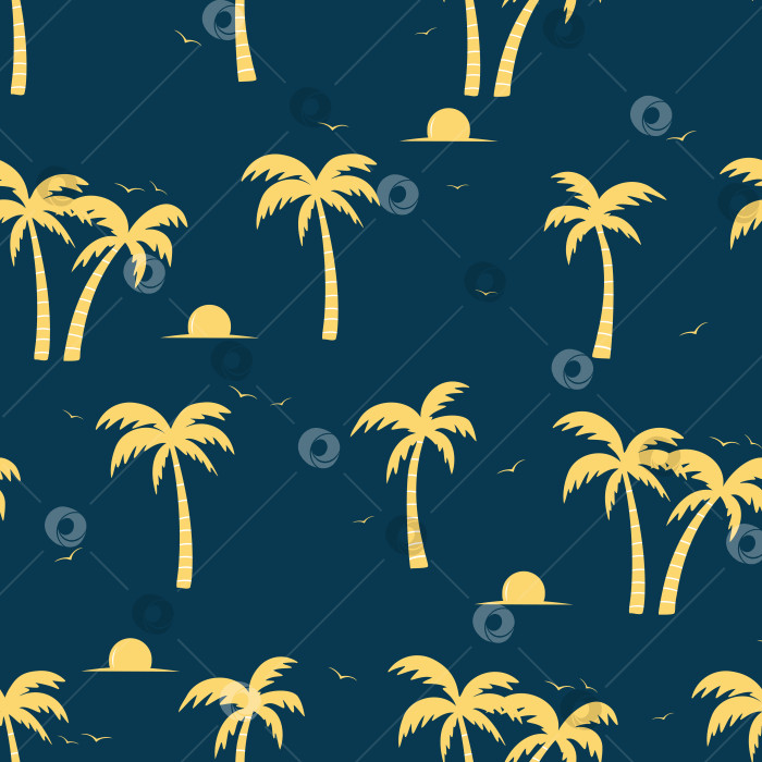 Скачать Бесшовный узор в летнем настроении с пальмами, солнцем и птицами в рисованном стиле фотосток Ozero