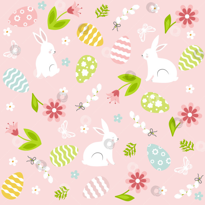 Скачать Милый пасхальный бесшовный узор с кроликом, цветами, бабочкой и яйцами. фотосток Ozero