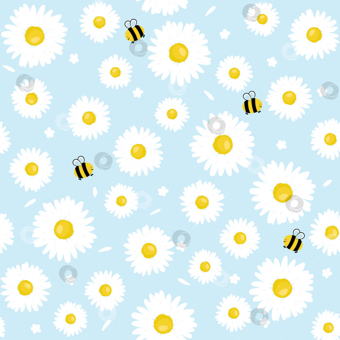 Скачать Цветок ромашки с забавной пчелкой на синем фоне фотосток Ozero