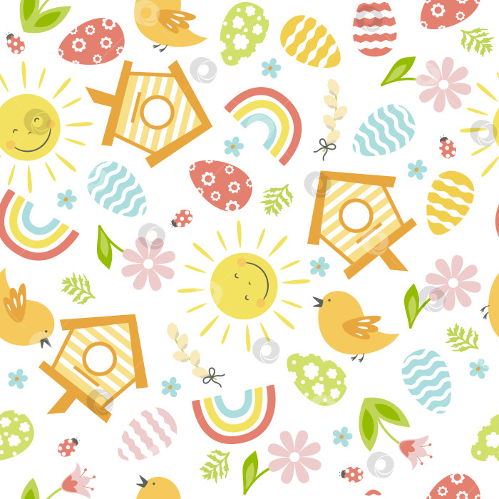 Скачать Бесшовный пасхальный узор с яйцами, цветами, птицей, радугой и солнцем. Красочный фон пасхального праздника. фотосток Ozero