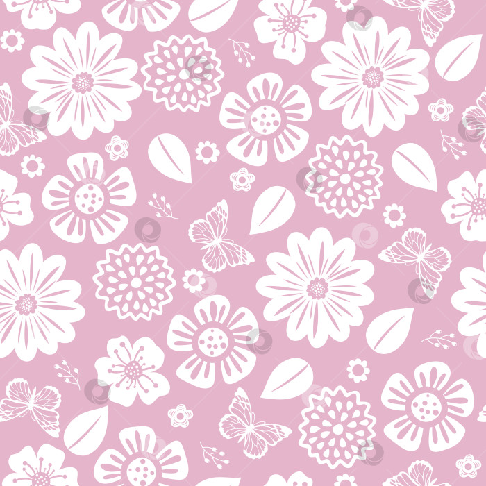 Скачать Симпатичный бесшовный узор с белыми красивыми цветами и листьями на розовом фоне фотосток Ozero