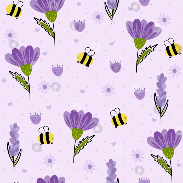 Скачать Фиолетовые цветы и мультяшный стиль пчелы фотосток Ozero
