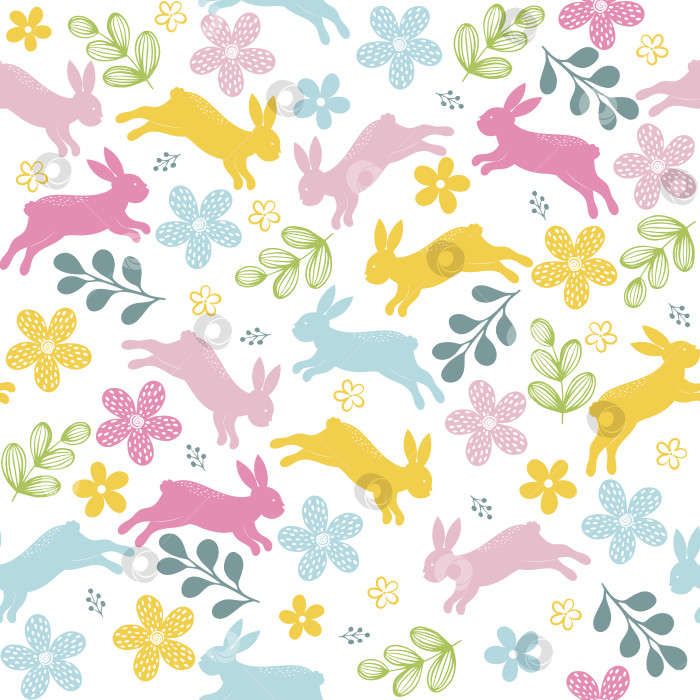 Скачать Кролики и весенние цветы векторный бесшовный узор на белом фоне для детей - для ткани, упаковки, текстиля, обоев, фона. фотосток Ozero