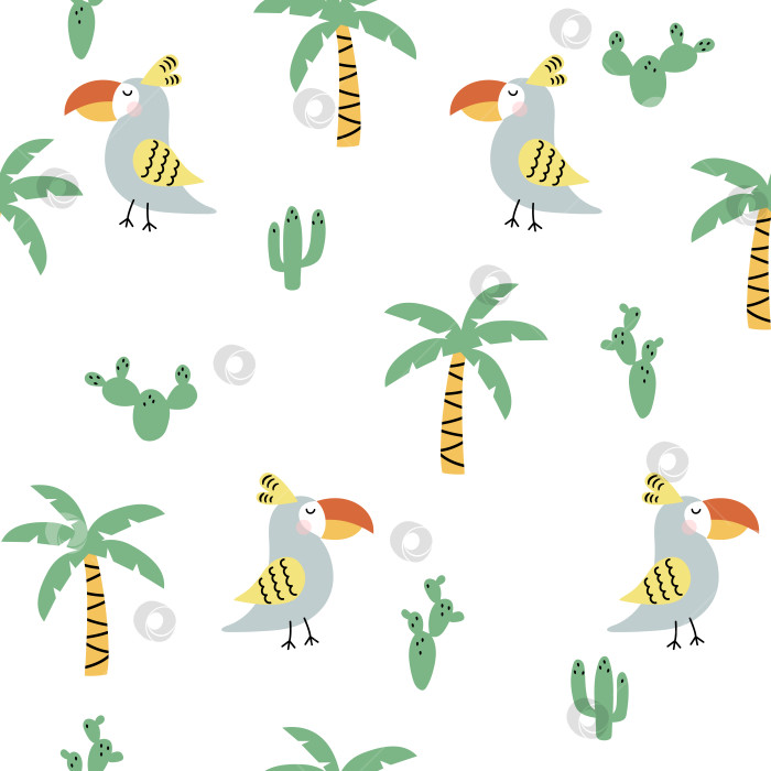 Скачать Детский бесшовный векторный узор. Симпатичная птичка с пальмами и кактусами. Креативная детская текстура для тканей, текстиля, обоев, одежды. фотосток Ozero