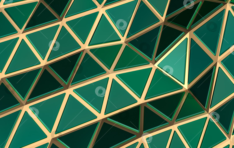 Скачать Геометрическая абстракция в виде зеленых треугольников на золотистой поверхности. Абстрактный фон драгоценной поверхности. 3D рендеринг фотосток Ozero