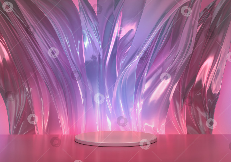 Скачать Абстрактный ярко-розовый подиум с неоновым сиянием и волнами на заднем плане. Гламурный фон пьедестала. 3D рендеринг фотосток Ozero