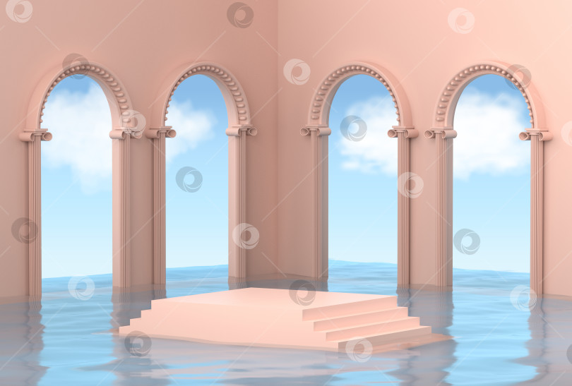 Скачать Абстрактный футуристический фон с подиумом в красивой голубой воде в виде лестницы. Персиковый пьедестал в комнате со старинными арками и колоннами с видом на облачное небо. 3D рендеринг фотосток Ozero