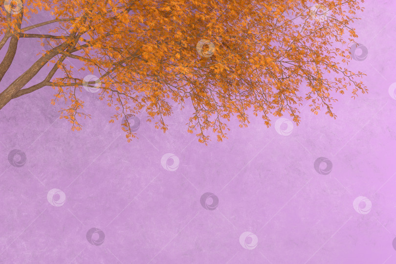 Скачать Ветви дерева с пожелтевшими листьями возле сиреневой бетонной стены. Осенняя иллюстрация на обоях. 3D рендеринг фотосток Ozero