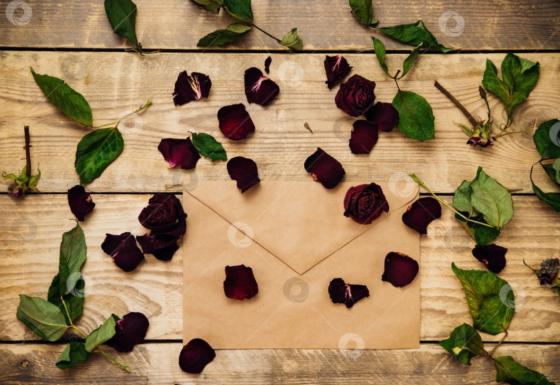 Скачать Сухие розы на деревянном фоне и почтовый конверт. Романтическое письмо среди лепестков. фотосток Ozero