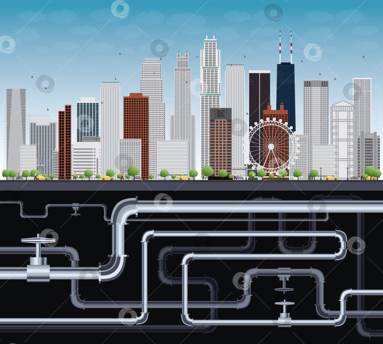 Скачать Воображаемый Большой город с небоскребами, голубым небом, деревьями и трубами фотосток Ozero