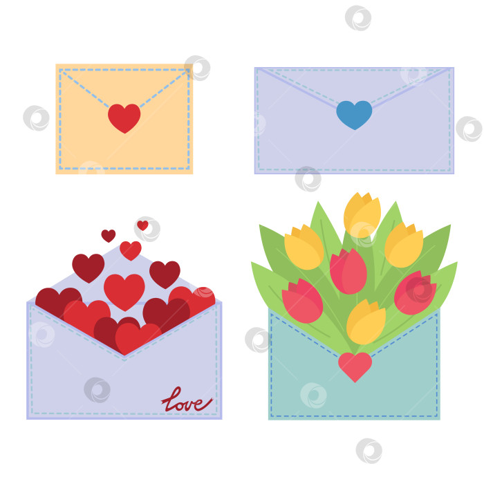Скачать Набор почтовых конвертов с сердечками и цветами фотосток Ozero