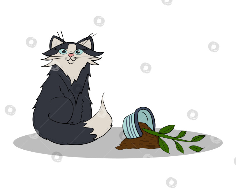 Скачать Иллюстрация домашней кошки с разбитым цветочным горшком фотосток Ozero