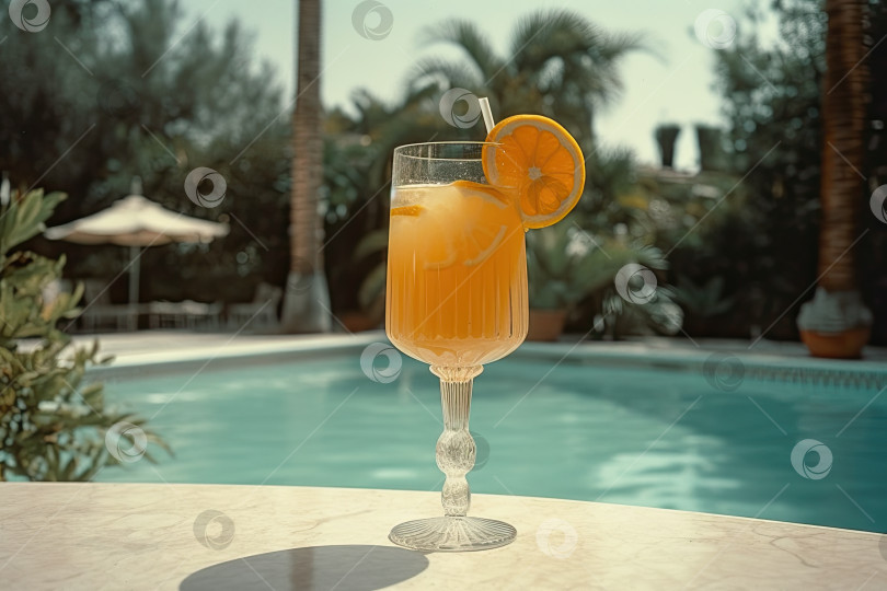 Скачать Свежесть апельсинового моктейла возле бассейна. Генеративный искусственный интеллект. фотосток Ozero