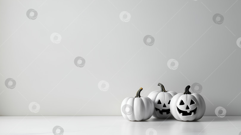 Скачать Три белые тыквы на Хэллоуин на сером фоне. Жуткие тыквы со злыми лицами для праздника, монохромные. Фон для Хэллоуина. Скопируйте место для размещения текста или продукта. Порождающий искусственный интеллект фотосток Ozero
