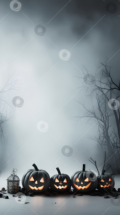 Скачать Набор черных тыкв на Хэллоуин на сером фоне с дымом и деревьями. Жуткие тыквы со злыми лицами на фоне Хэллоуина. Концепция праздника. Скопируйте место для текста, размещения продукта. Порождающий искусственный интеллект фотосток Ozero