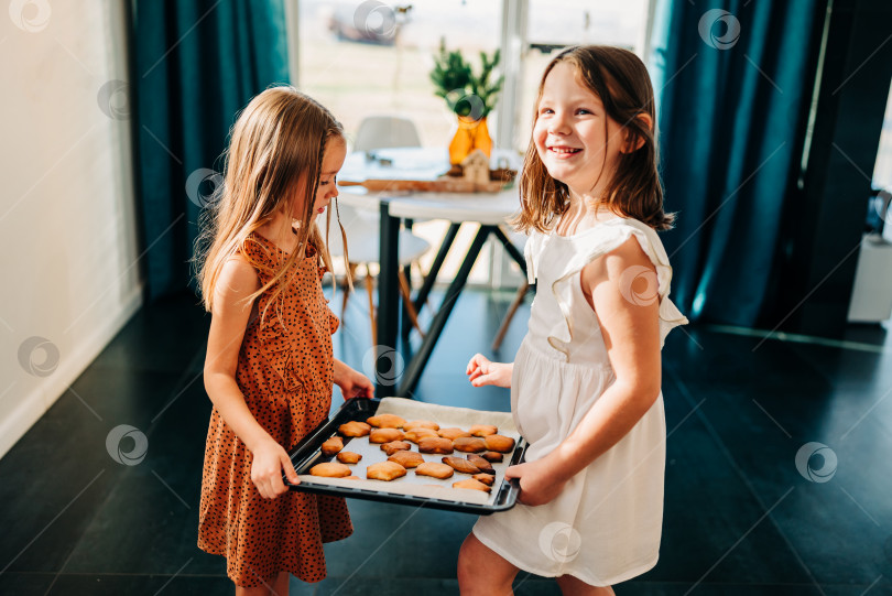 Скачать Две маленькие девочки держат поднос со свежеприготовленным печеньем в канун Рождества для Санты дома в закрытом помещении фотосток Ozero