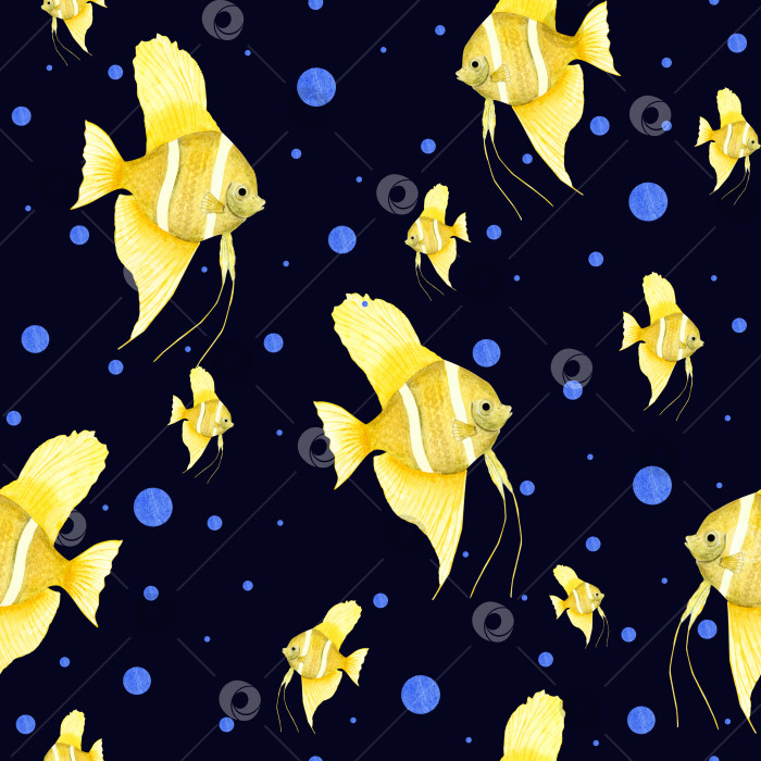 Скачать Акварельный бесшовный узор из желтых рыбок-ангелов, выделенных на черном фоне. Для оформления поздравительных открыток, меню, фона, принтов, обоев, ткани, текстиля, упаковки. фотосток Ozero