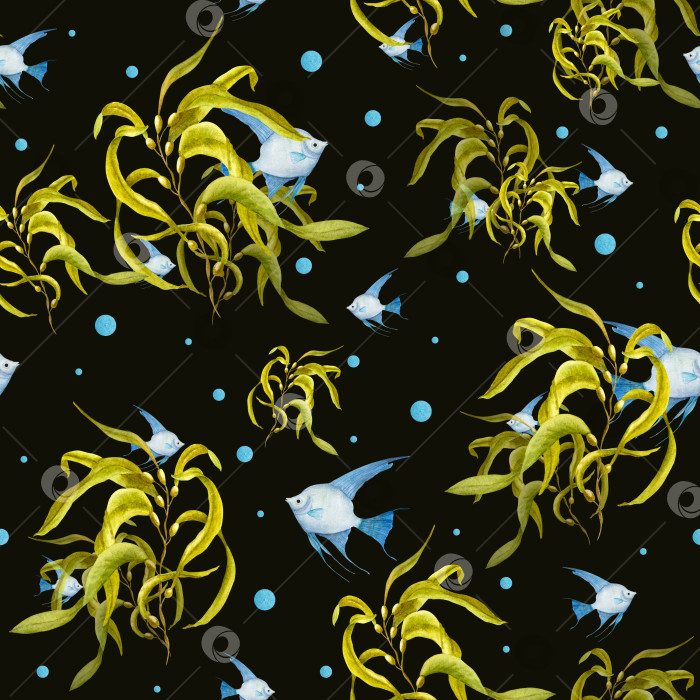 Скачать Акварельный бесшовный узор из голубых рыбок-ангелов, желтых морских водорослей, выделенных на темном фоне. Печать, плакат, баннер, фон, меню, декор, обои, ткань, текстиль, упаковка. фотосток Ozero