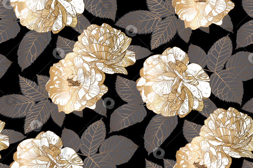 Скачать Бесшовный узор с белыми и золотыми розами и серыми листьями на черном фоне фотосток Ozero