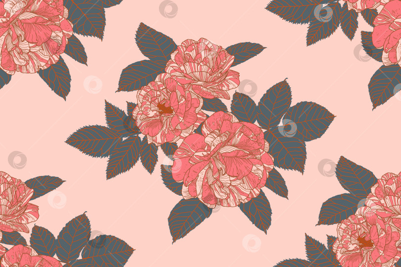 Скачать Цветочный бесшовный узор из роз и листьев кораллового, розового, темно-серого цветов фотосток Ozero