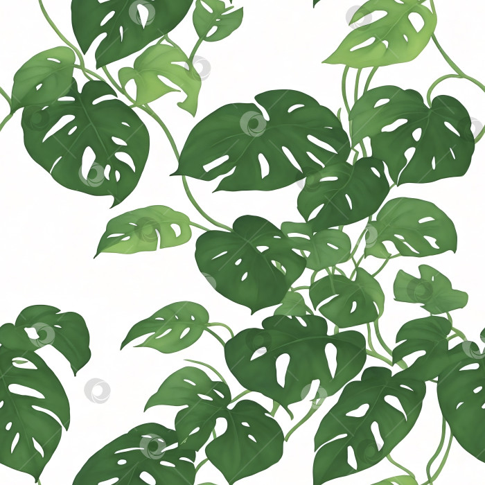 Скачать Тропический бесшовный узор растения Монстера на белом фоне. Созданный искусственным интеллектом фотосток Ozero