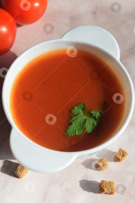 Скачать вертикальный натюрморт из тарелки с томатным супом, помидорами и панировочными сухарями фотосток Ozero