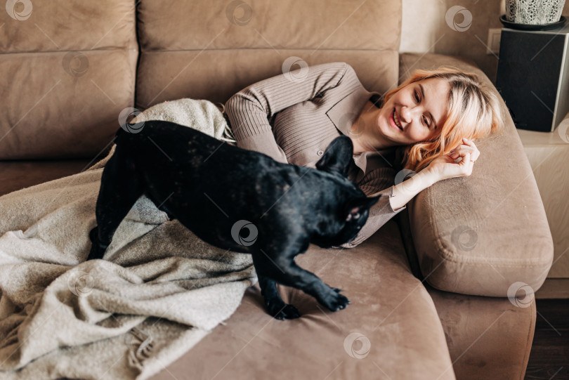 Скачать Счастливая женщина играет со своей собакой черным французским бульдогом. Девочка гладит щенка в помещении в стильной гостиной с пледом на диване фотосток Ozero