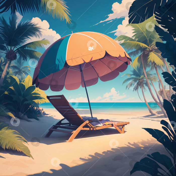 Скачать Иллюстрация шезлонга под пляжным зонтиком недалеко от океанского побережья фотосток Ozero