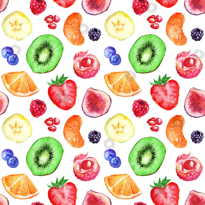 Скачать Акварельный фон с бесшовным рисунком тропических фруктов и ягод фотосток Ozero