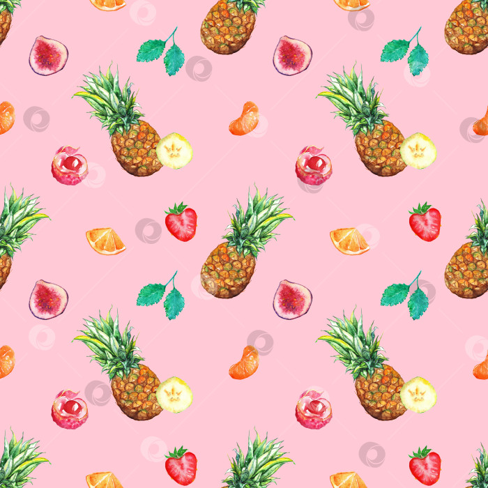 Скачать Акварельный фон с бесшовным рисунком тропических фруктов и ягод фотосток Ozero