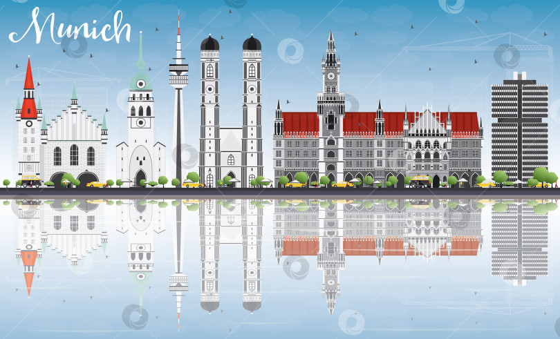 Скачать Горизонт Мюнхена с серыми зданиями, голубым небом и отражениями. фотосток Ozero