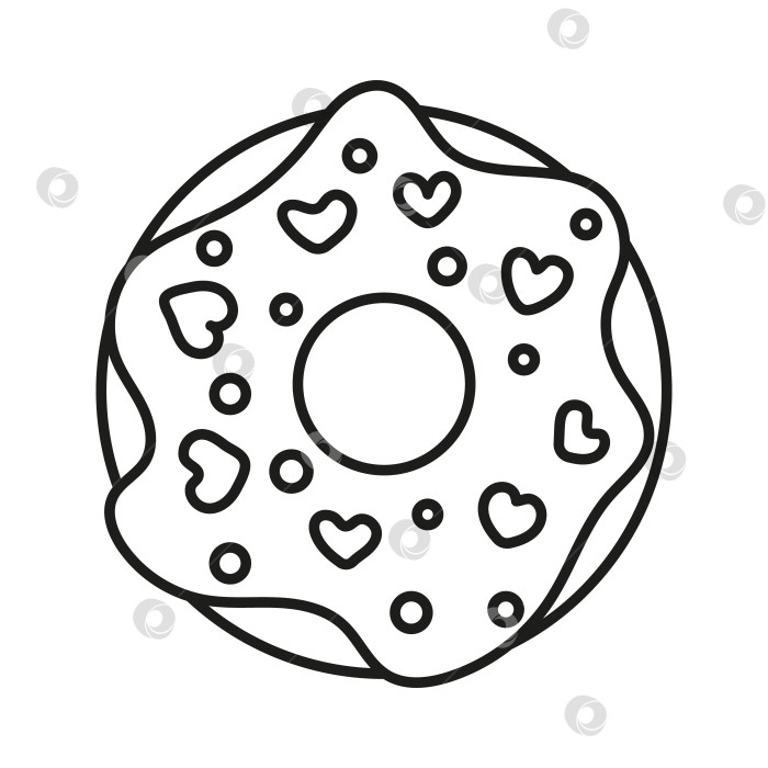 Скачать Изолированный пончик с каракулями и черно-белыми сердечками. Контурная векторная иллюстрация значка концепции сладостей. фотосток Ozero