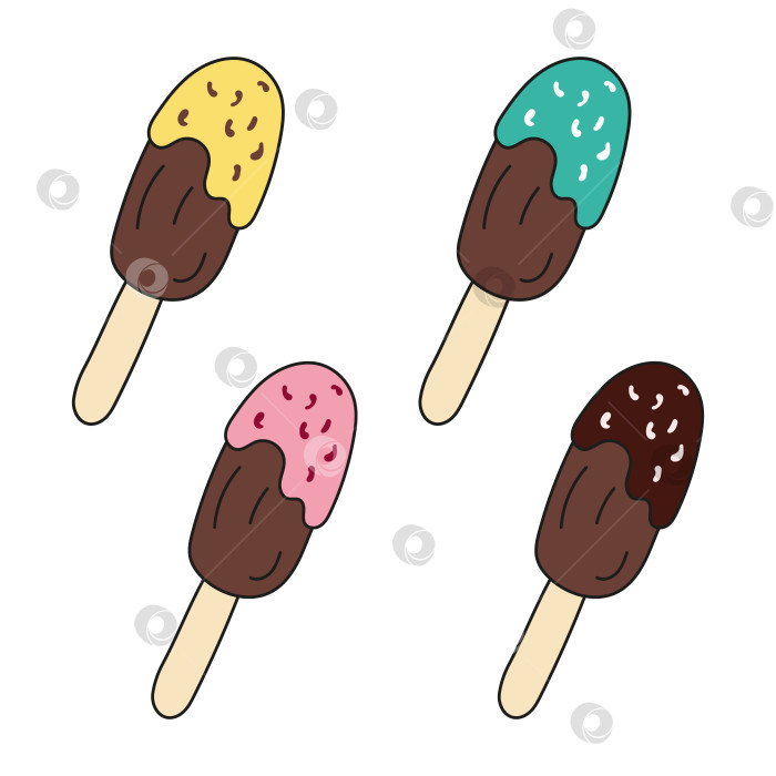 Скачать Разноцветные варианты эскимо-мороженого. Векторная иллюстрация в стиле каракулей. Освежающий замороженный лед. фотосток Ozero
