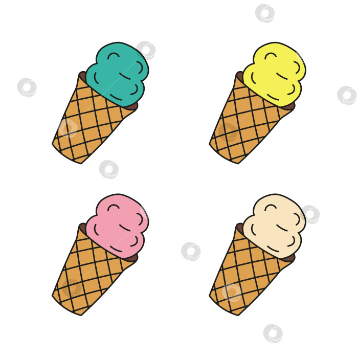 Скачать Мороженое в вафельных разноцветных вариантах. Векторная иллюстрация в стиле каракулей. Освежающий замороженный лед. фотосток Ozero