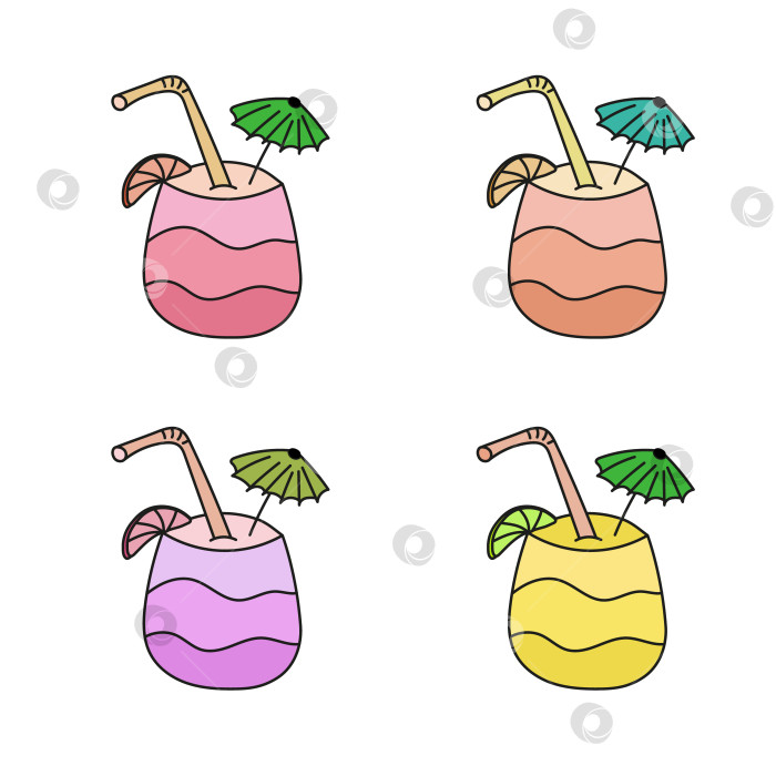 Скачать Тропические освежающие напитки с декоративным зонтиком. Многоцветные варианты. Векторная иллюстрация каракулей. фотосток Ozero