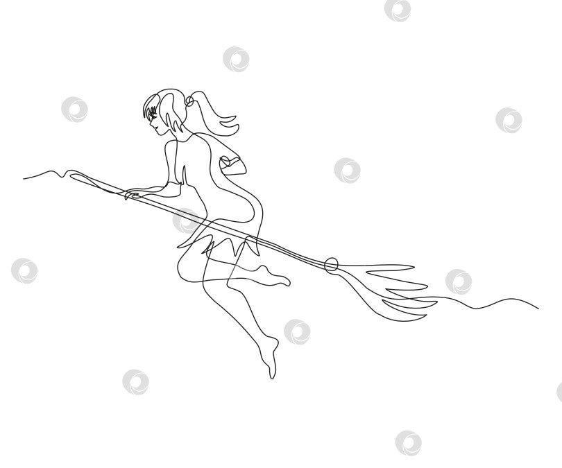 Скачать абстрактная молодая ведьма, летящая на метле на Шабаш Непрерывный рисунок в одну линию фотосток Ozero