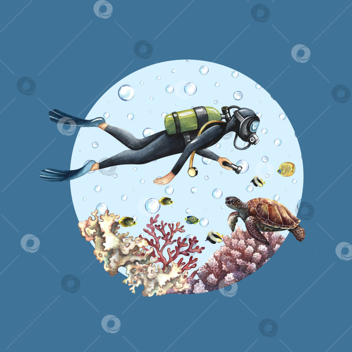 Скачать Ныряльщик плавает под водой на дне моря. Подводное путешествие. Нарисованный акварелью от руки. Концепция этикетки, магнита фотосток Ozero