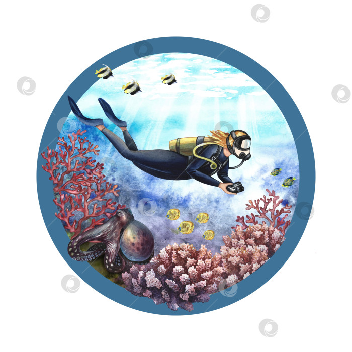 Скачать Девушка-ныряльщица плавает под водой. Подводное путешествие. Нарисованный акварелью от руки. Концепция этикетки, магнита, визитной карточки фотосток Ozero