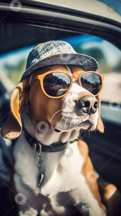 Скачать забавный пес бигль в солнцезащитных очках летом сидит в машине, домашние животные, отдых с животными, жизнь с животными. Изображение генерируется с помощью искусственного интеллекта фотосток Ozero