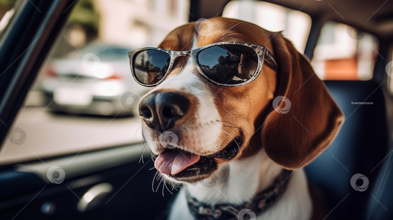 Скачать забавный пес бигль в солнцезащитных очках летом сидит в машине, домашние животные, отдых с животными, жизнь с животными. Изображение генерируется с помощью искусственного интеллекта фотосток Ozero