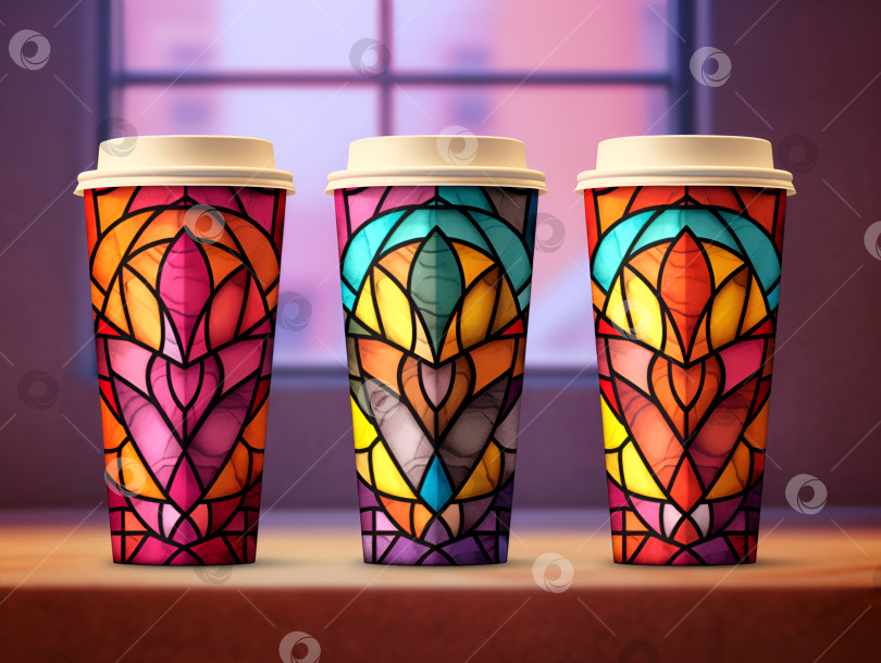 Скачать Набор одноразовых бумажных стаканчиков с мозаичным рисунком. Концепция кофе с собой или на вынос. Иллюстрация переработки бумажных стаканчиков для горячих напитков для кафе, кофейни, кофейного домика. Порождающий искусственный интеллект фотосток Ozero