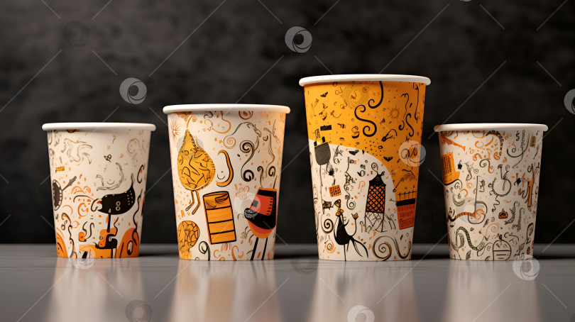 Скачать Набор одноразовых бумажных стаканчиков с абстрактным рисунком. Концепция кофе с собой или на вынос. Иллюстрация переработки бумажных стаканчиков для горячих напитков для кафе, кофейни, кофейного домика. Порождающий искусственный интеллект фотосток Ozero