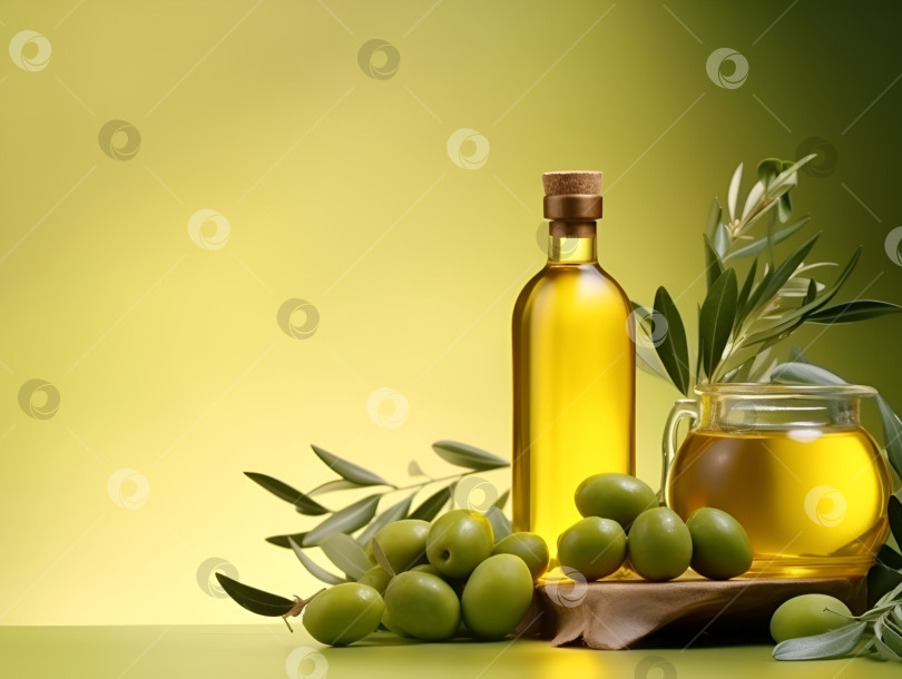 Скачать Две стеклянные бутылки с оливковым маслом и маслинами на столе, рекламный баннер, место для копирования. Оливковое масло в стеклянной бутылке с зелеными оливками и листьями оливкового дерева, выделенными на светло-зеленом фоне. Порождающий искусственный интеллект фотосток Ozero