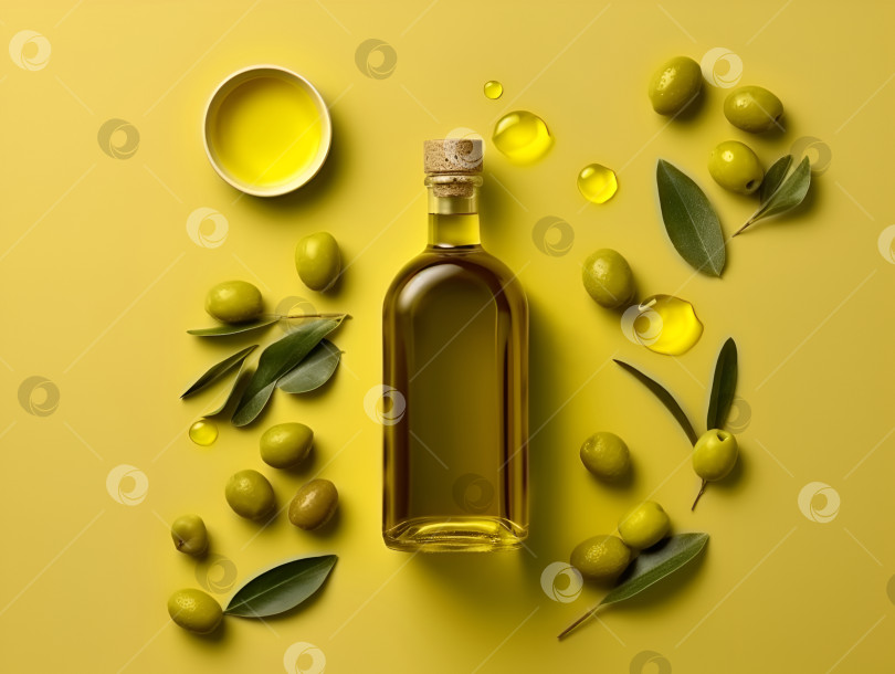 Скачать Вид сверху на стеклянную бутылку с оливковым маслом и оливками. Оливковое масло в стеклянной бутылке с зелеными оливками и листьями оливкового дерева, выделенными на светло-зеленом фоне. Порождающий искусственный интеллект фотосток Ozero