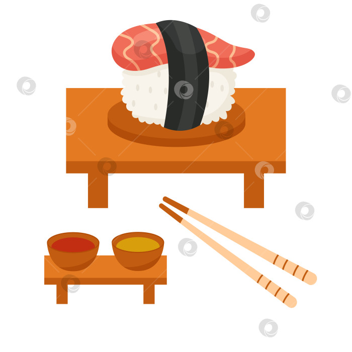 Скачать Суши с лососем и нори, соусом и палочками для еды фотосток Ozero