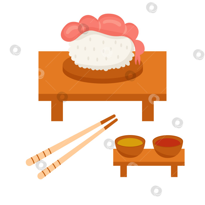 Скачать Суши с креветками, соусом и палочками для еды фотосток Ozero