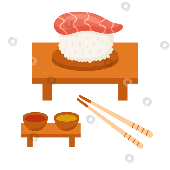 Скачать Суши с лососем, соусом и палочками для еды фотосток Ozero
